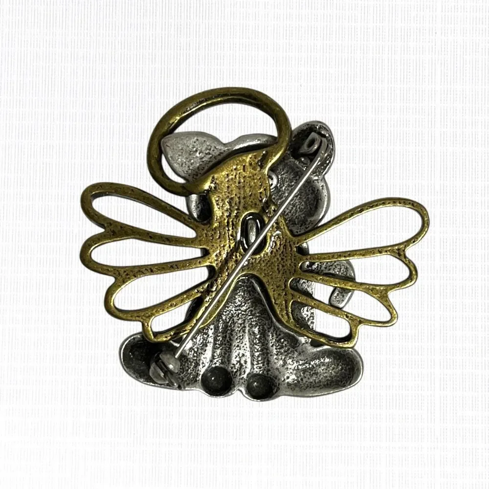 Vtg Kitten Angel Pin Brooch Green Bow Crazy Cat Lady Christmas Tabby Kitschy